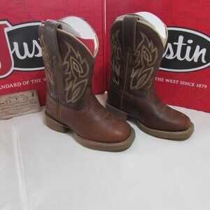 Justin Junior Canter Wide Square Toe Western Boots Roasted Cognac Water Buffalo